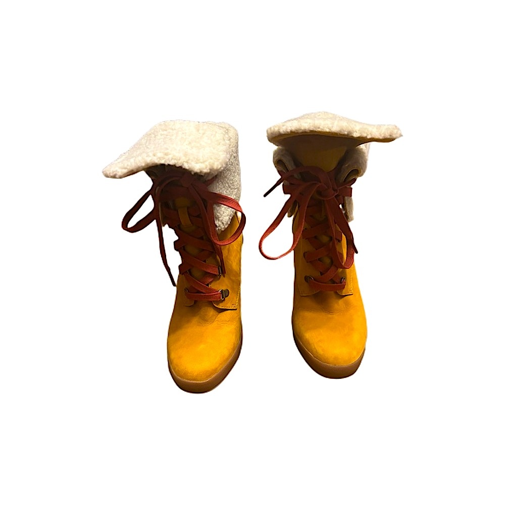 TIMBERLAND CAMDALE Fleece Fold-Down Tan Leather Heeled Boots Women’s 10 - Picture 3 of 11